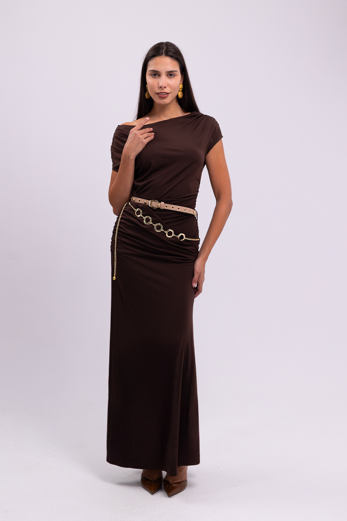 Brown Off-Shoulder Draped Dress with Belts