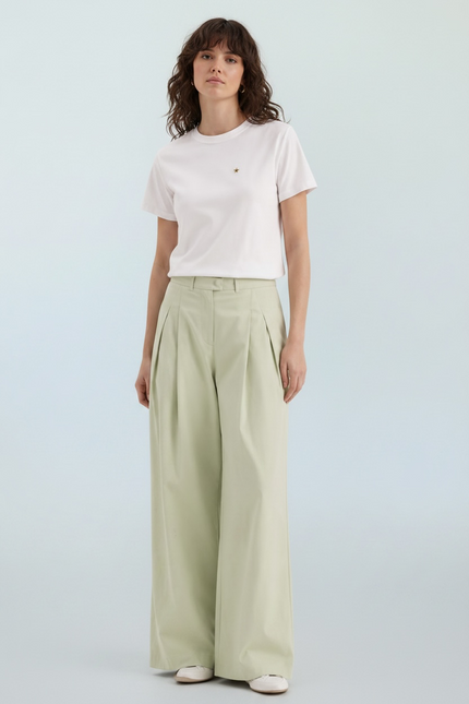Wide Leg Trousers In Pistache with Pleat Detail