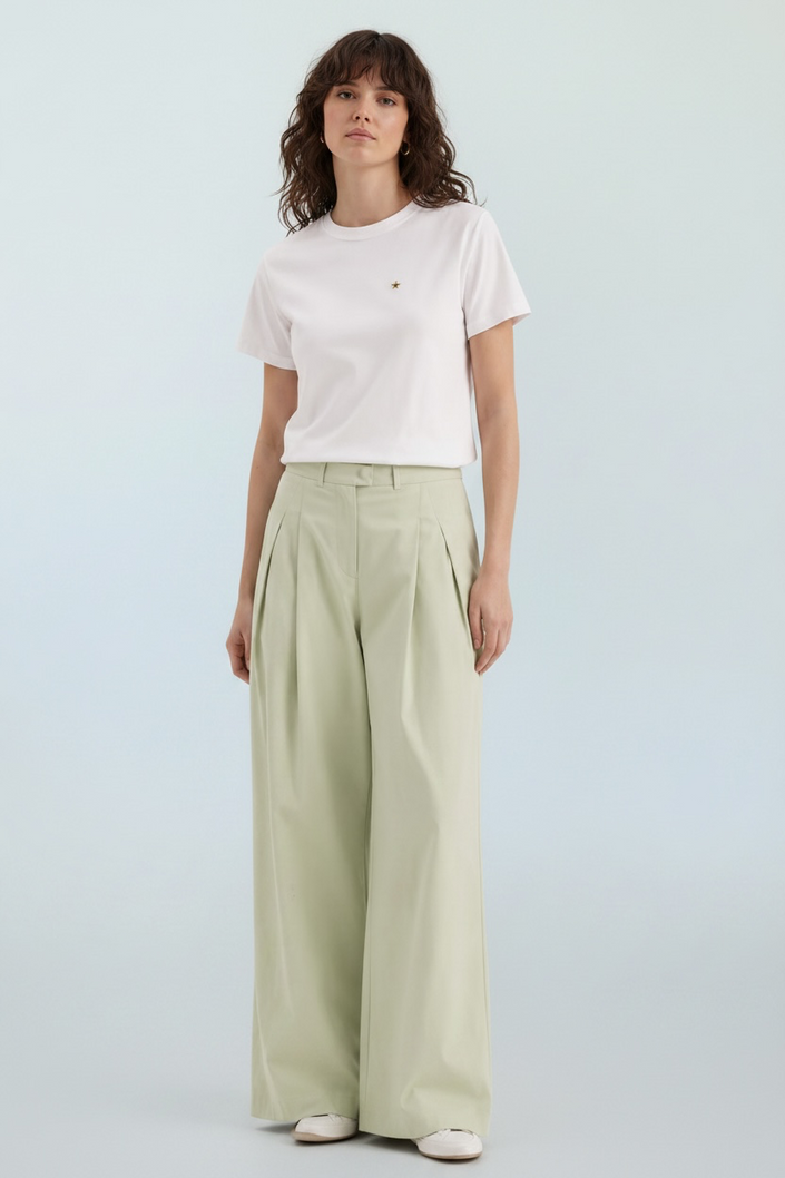 Wide Leg Trousers In Pistache with Pleat Detail