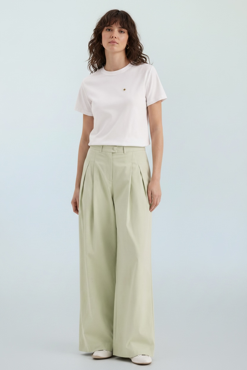 Wide Leg Trousers In Pistache with Pleat Detail