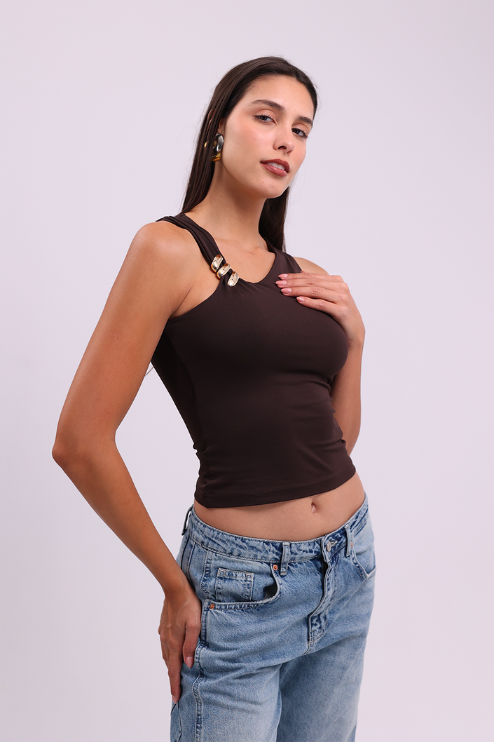 Brown Asymmetrical Top with Gold Clip Detail