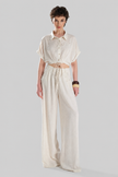 Linen Wide-Leg Trousers with Pearl and Stone Detail