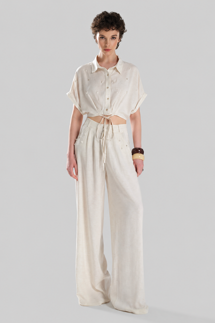 Linen Wide-Leg Trousers with Pearl and Stone Detail