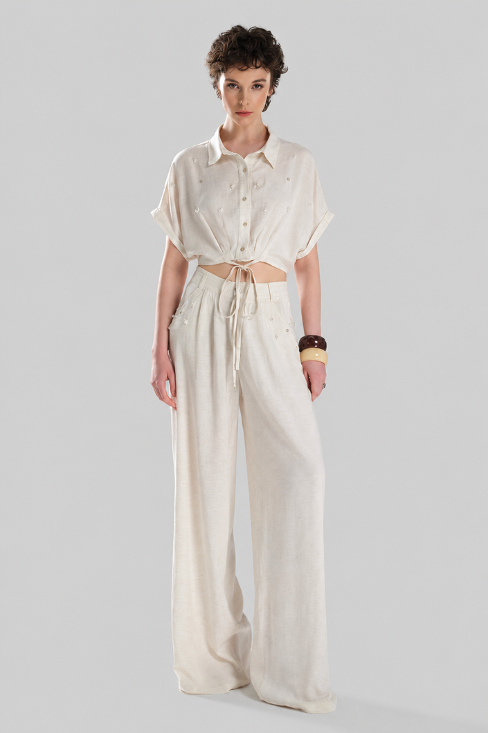 Linen Wide-Leg Trousers with Pearl and Stone Detail
