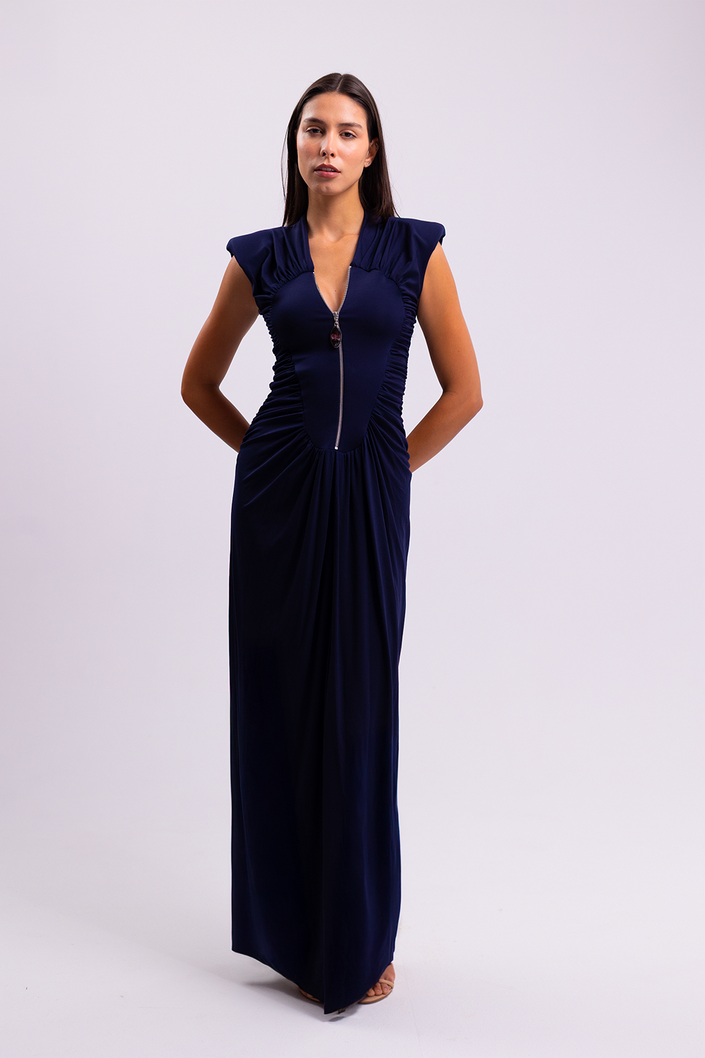 Ruched Deep V-Neck Maxi Dress