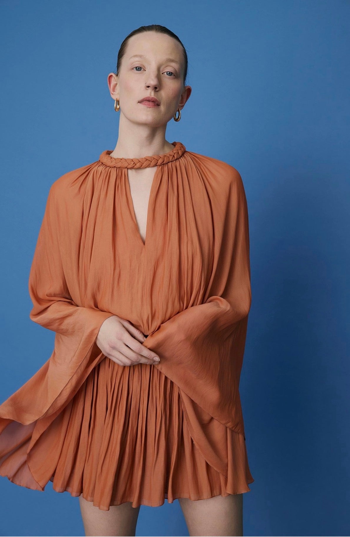 Ruffle Sleeve Mini Brick Dress