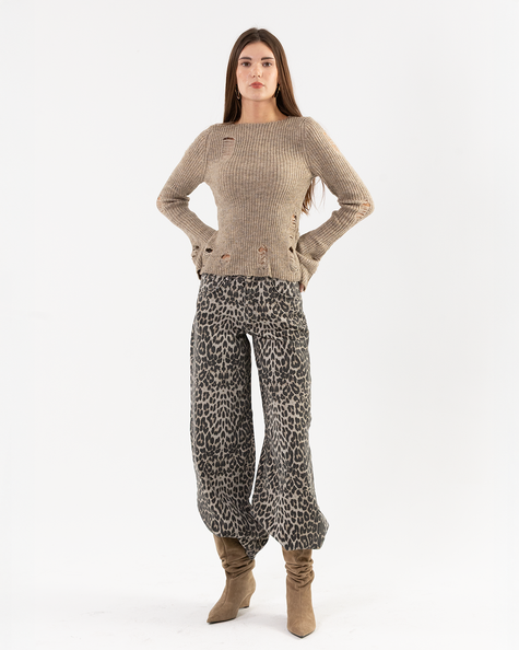 Leopard Print Wide-Leg Denim Jeans