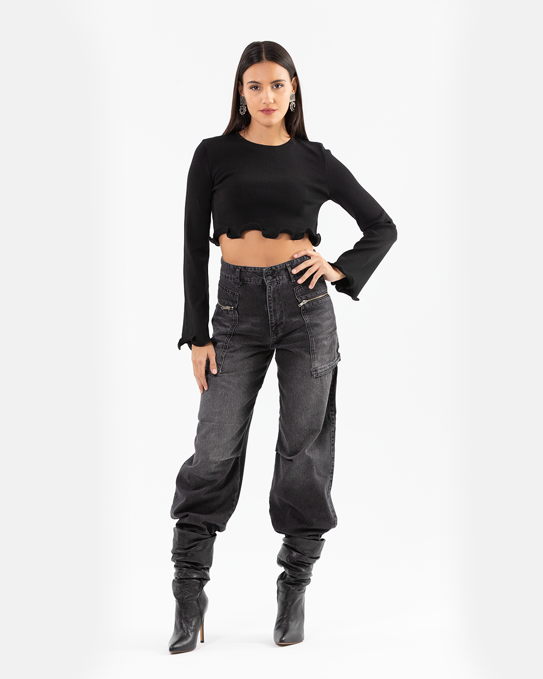 Black Washed Denim Jeans with Zipper Pocket