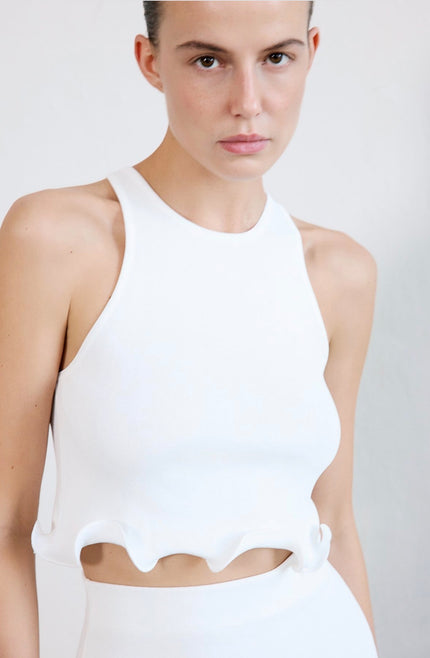 Crew Neck Sleeveless Ecru Crop Knit Blouse