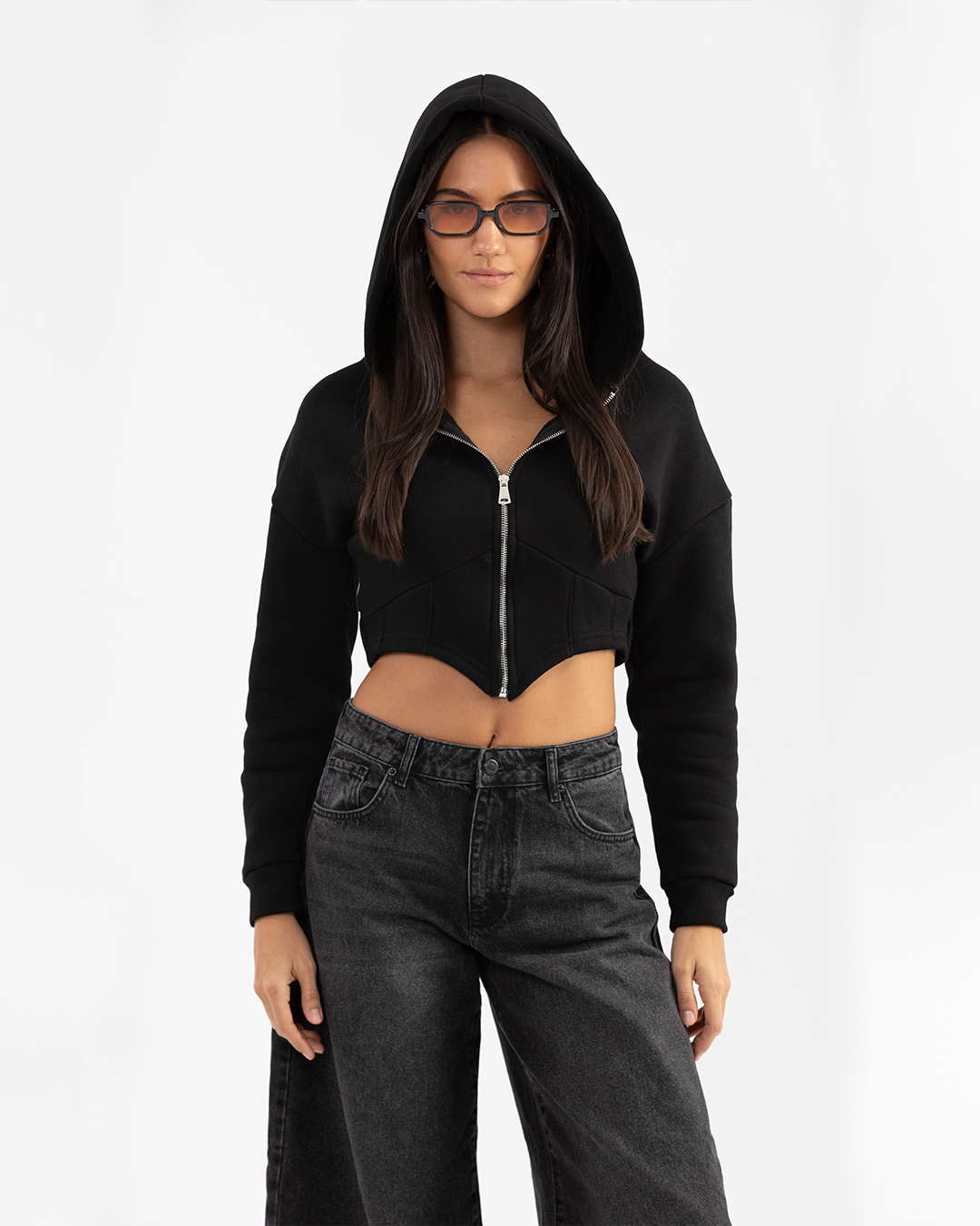 Cropped Black Corset Style Zip-up Hoodie