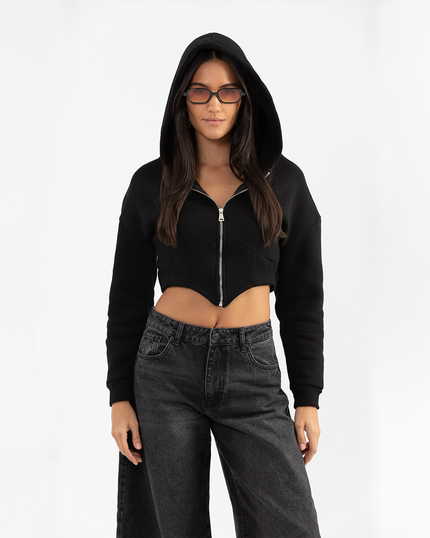 Cropped Black Corset Style Zip-up Hoodie