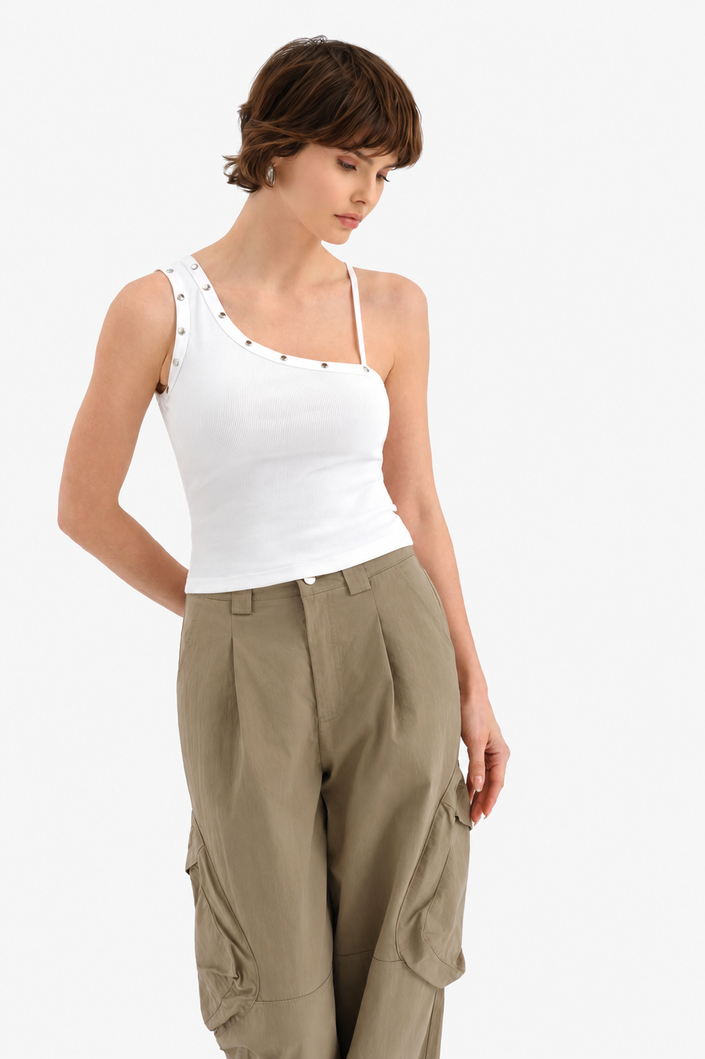 Cream Ribbed Tanktop with Silver Stud Detail