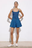 Wide Leg Belt Detailed Coral Mini Blue Shorts