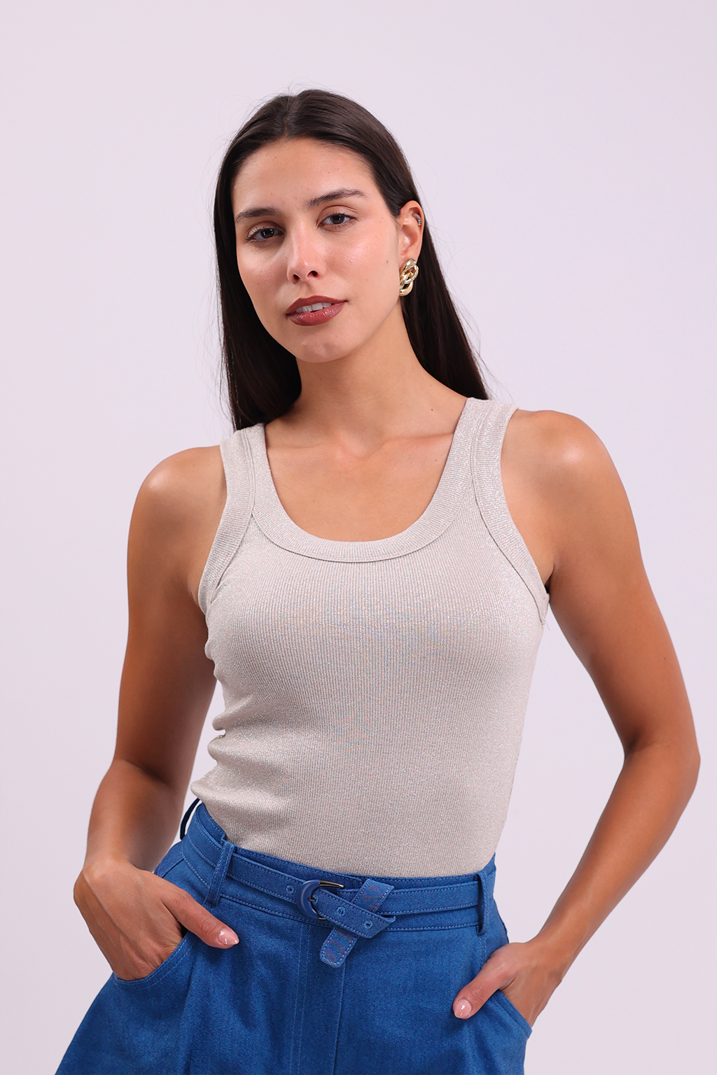 Beige Shiny Look Crew Neck Tank Top
