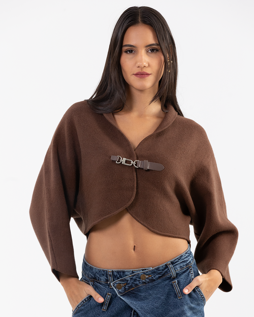 Buckle-Front Cropped Brown Jacket