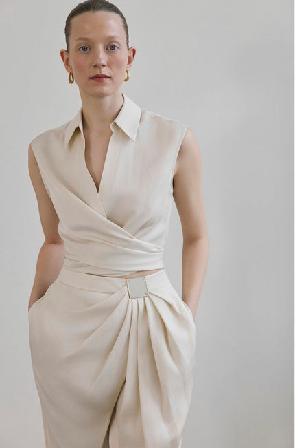 Tie Front Linen Blend Ecru Vest