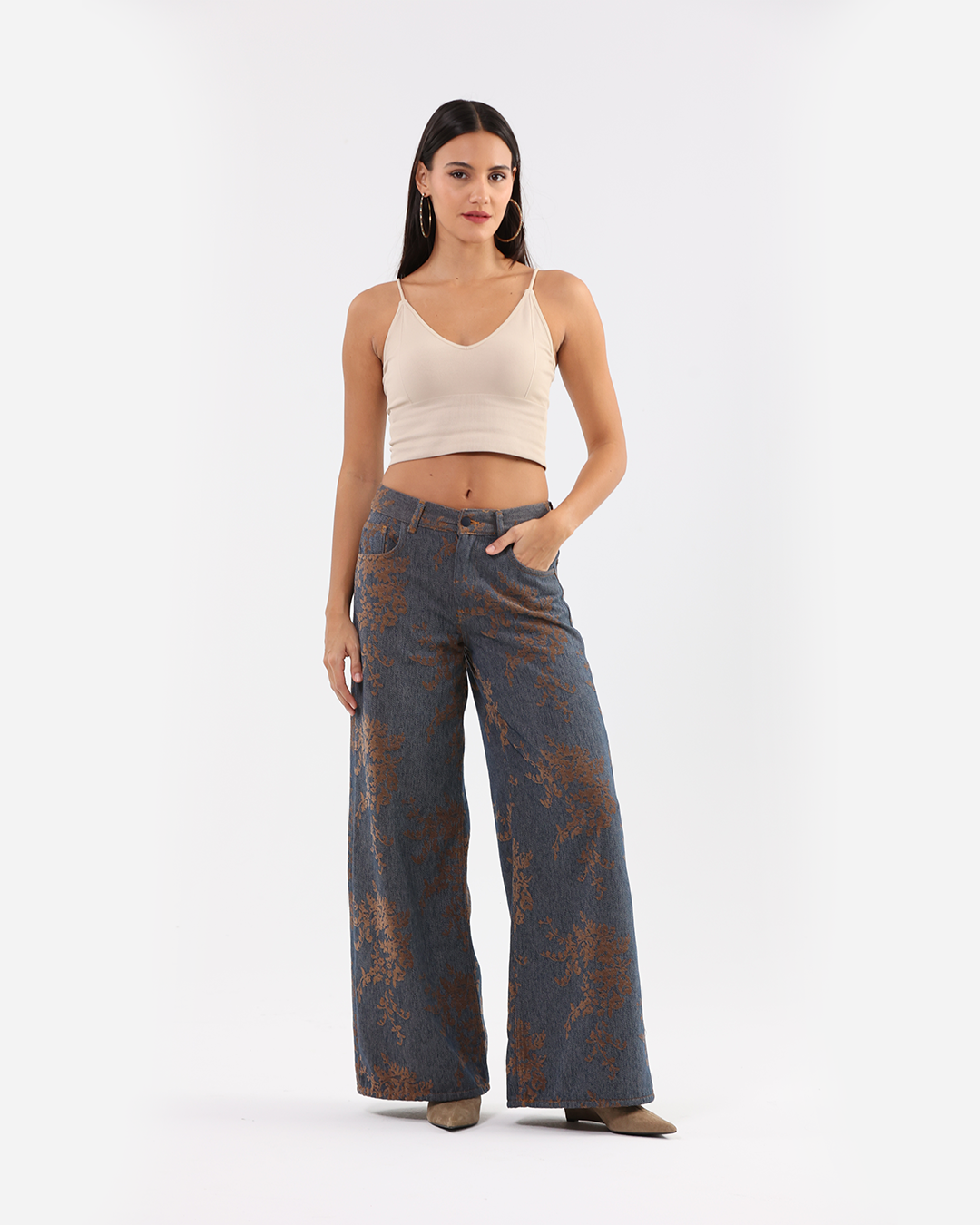 Wide-Leg Brown Floral Flocked Jacquard Pattern