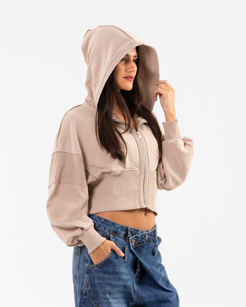 Beige Cropped Corset Style Zip-up Hoodie