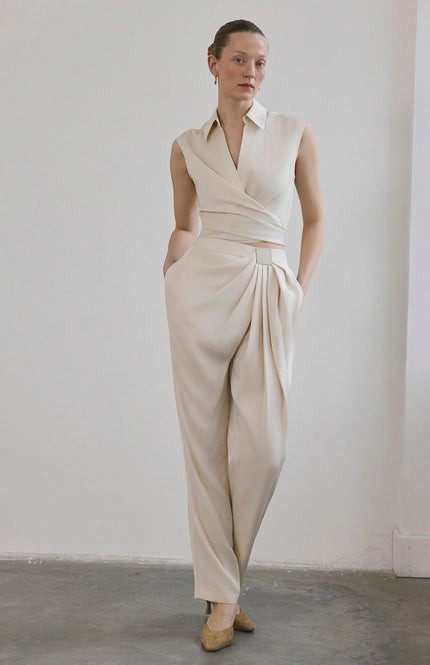 Front Pleated Linen Blend Ecru Trousers