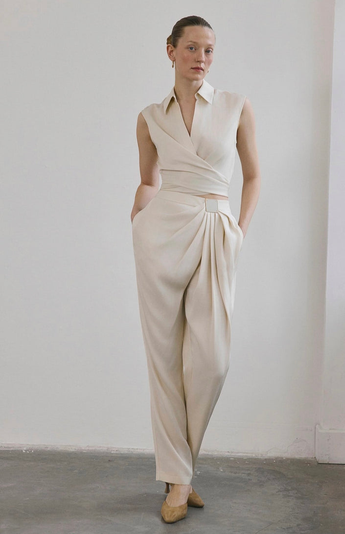 Front Pleated Linen Blend Ecru Trousers