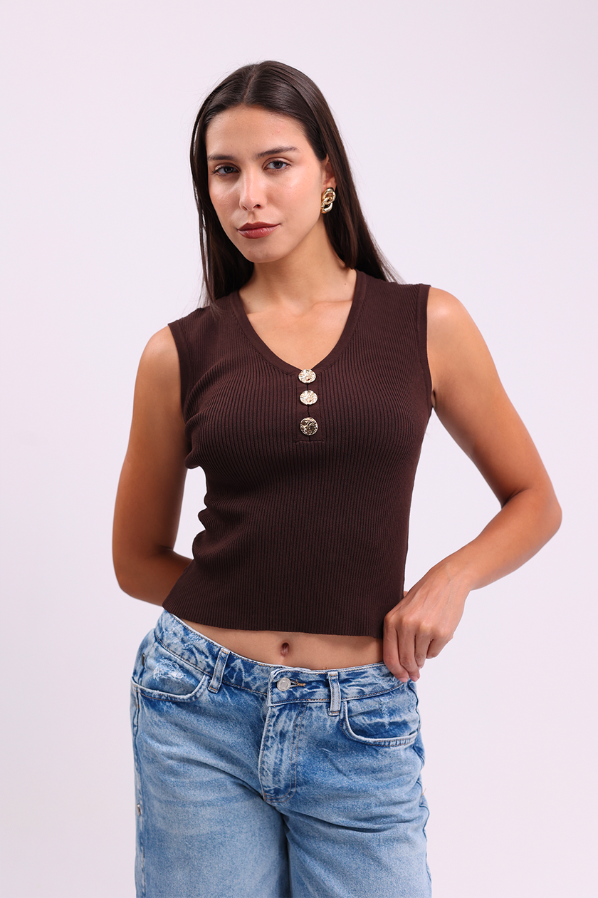Brown V-Top with Gold Buttons