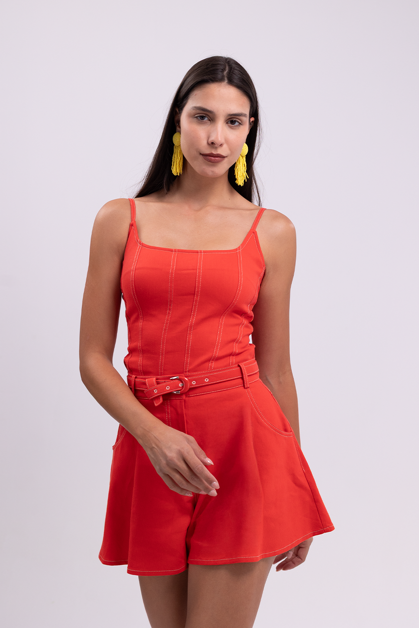 Thin Strap Denim Textured Coral Blouse