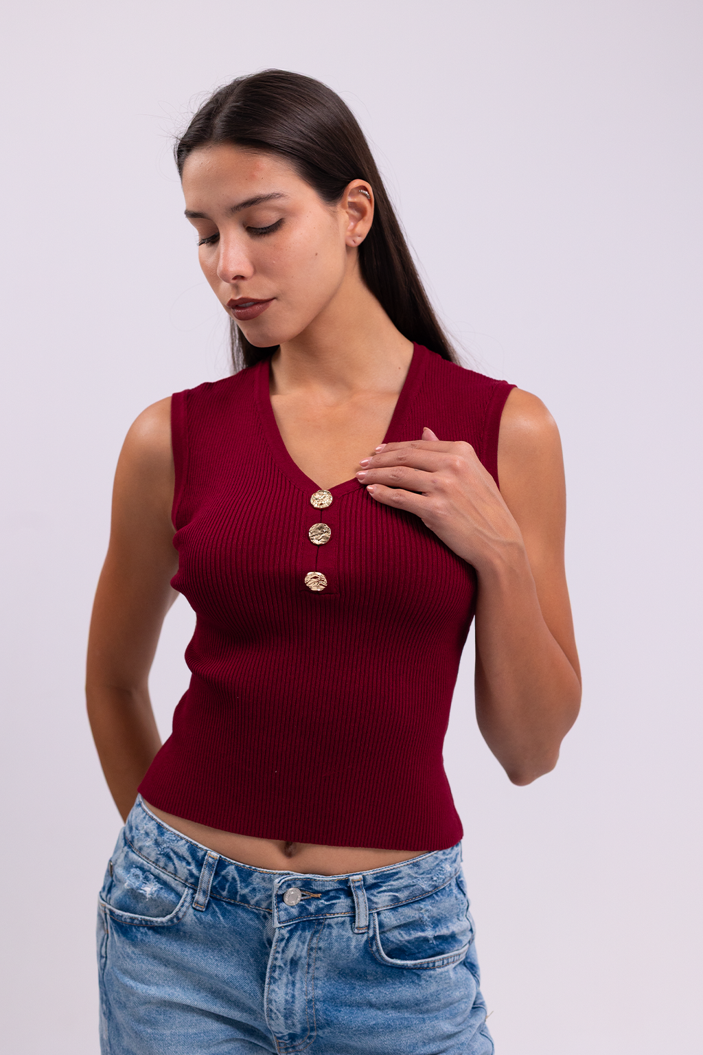 Burgendy V-Top with Gold Buttons
