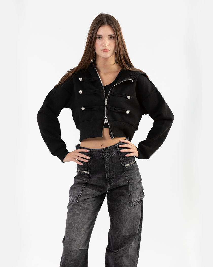 Black Zip Hoodie with Silver Decorative Buttons