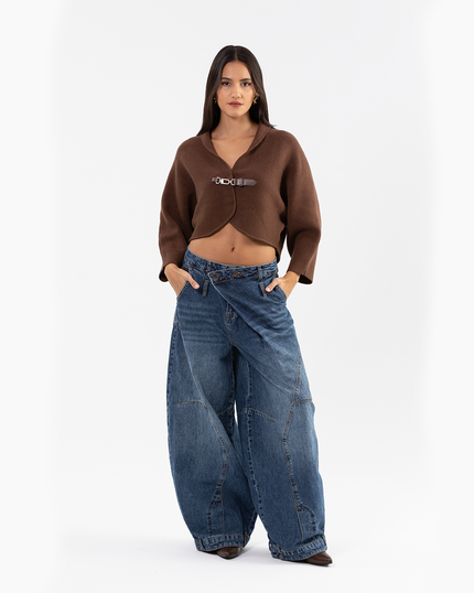 Wide-Leg Blue Denim Jeans with Asymmetric Waistband