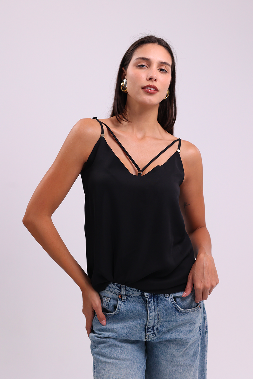 V-Neck Double Strap Black Top