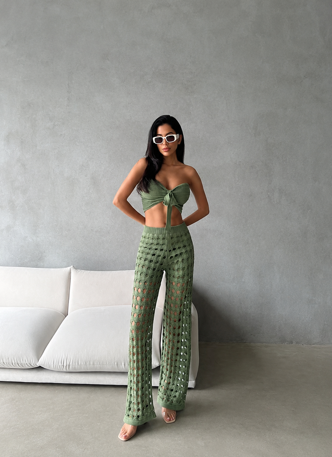 Olive Green Set - Crop Top & Wide-Leg Crochet Pants