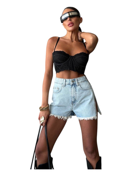 Light Wash-Denim Shorts with One Side Zip Detail
