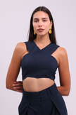 Asymmetric Detailed Striped Crop Navy Blue Bustier
