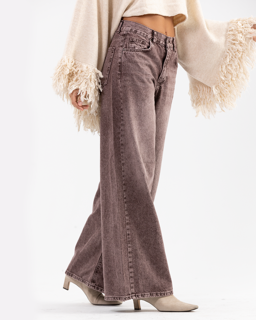 Washed Wide-Leg Denim Jeans with Copper Tone