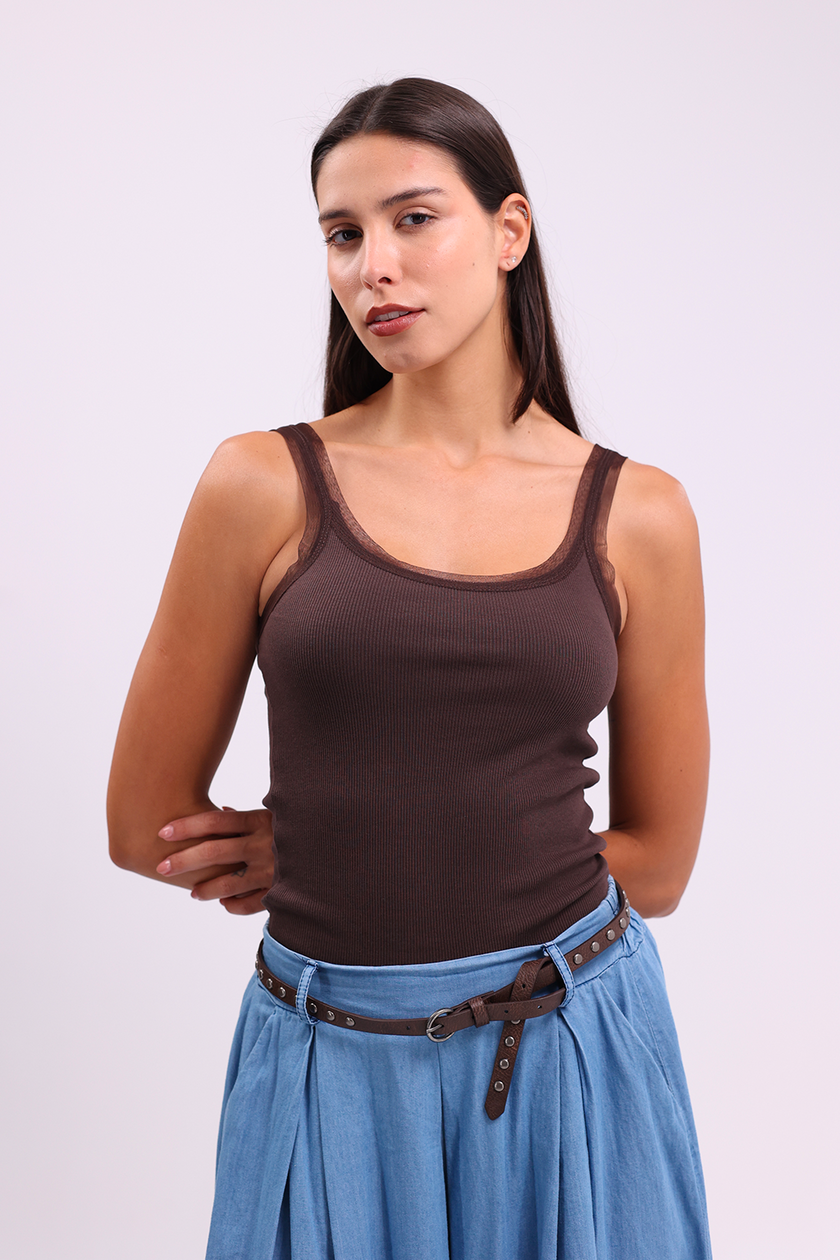 Brown Sheer Trim Tank Top