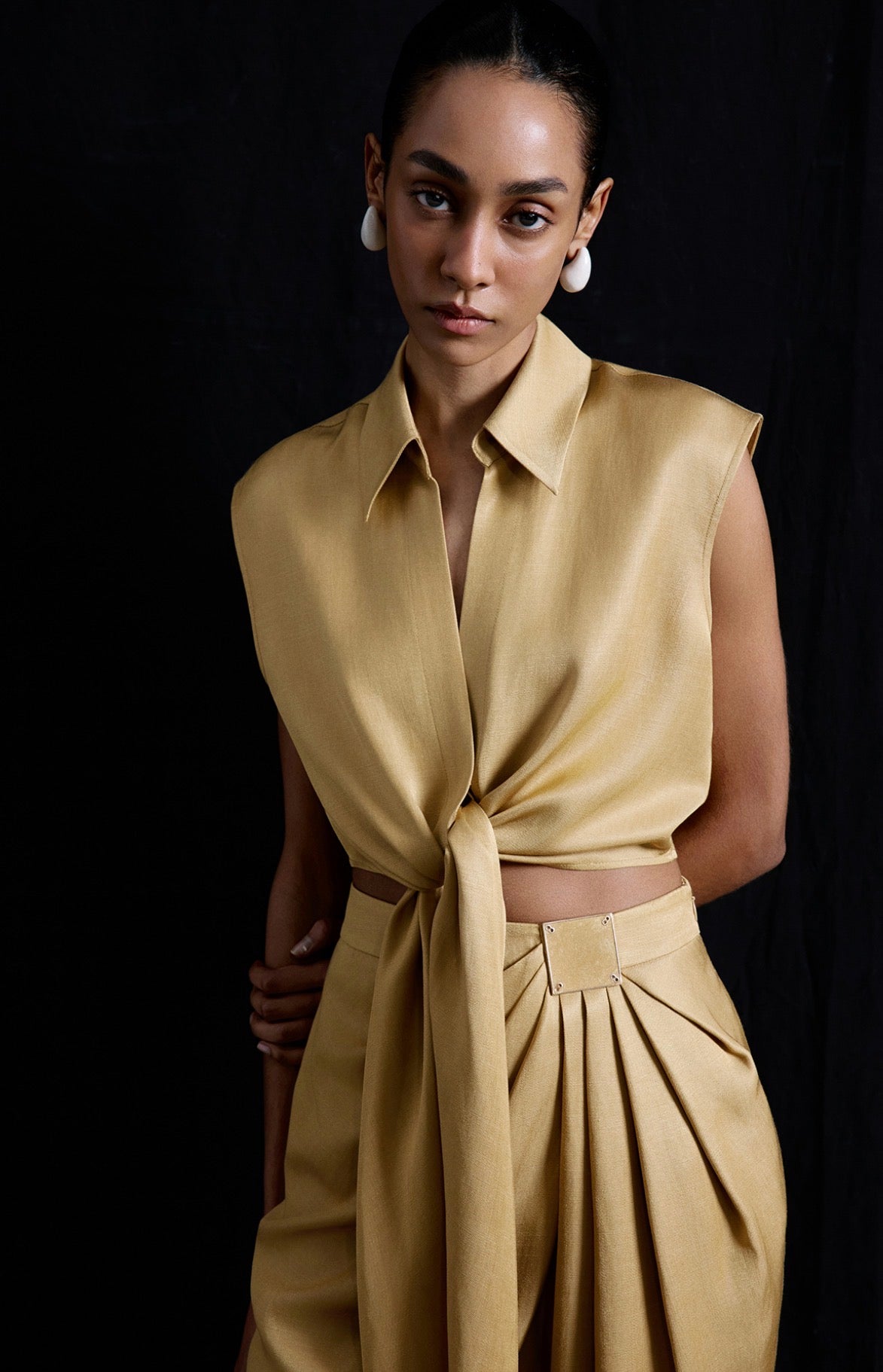 Tie Front Linen Blend Camel Vest