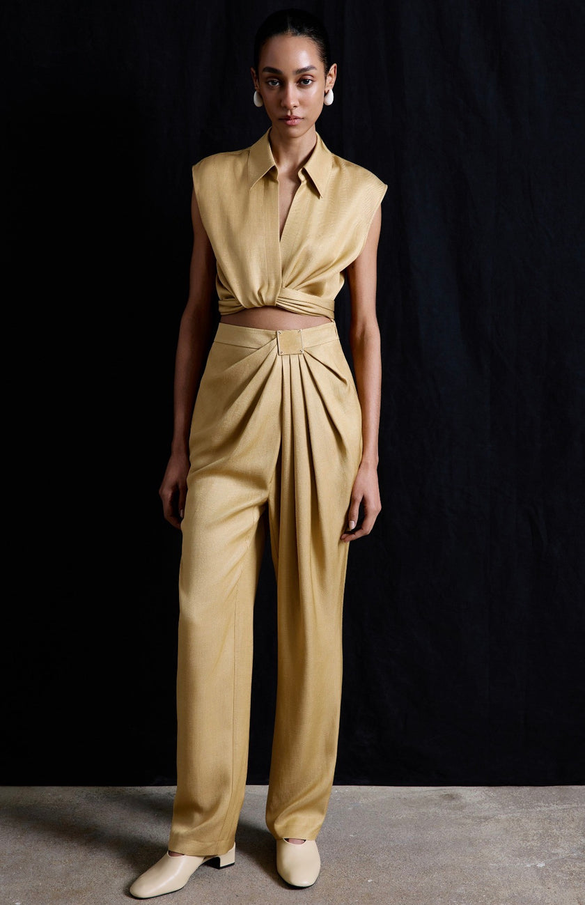 Front Pleated Linen Blend Camel Trousers