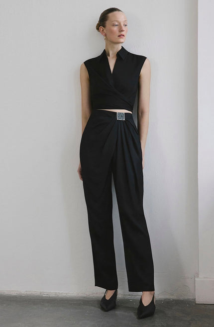 Front Pleated Linen Blend Black Trousers