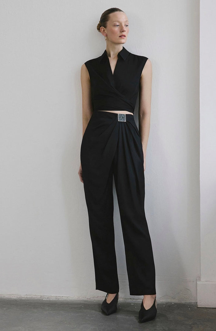 Front Pleated Linen Blend Black Trousers