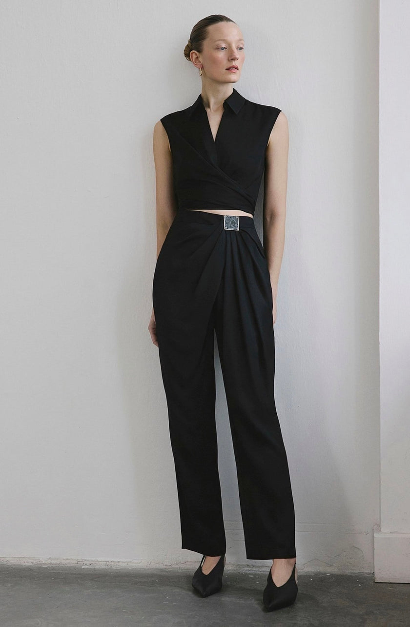 Front Pleated Linen Blend Black Trousers