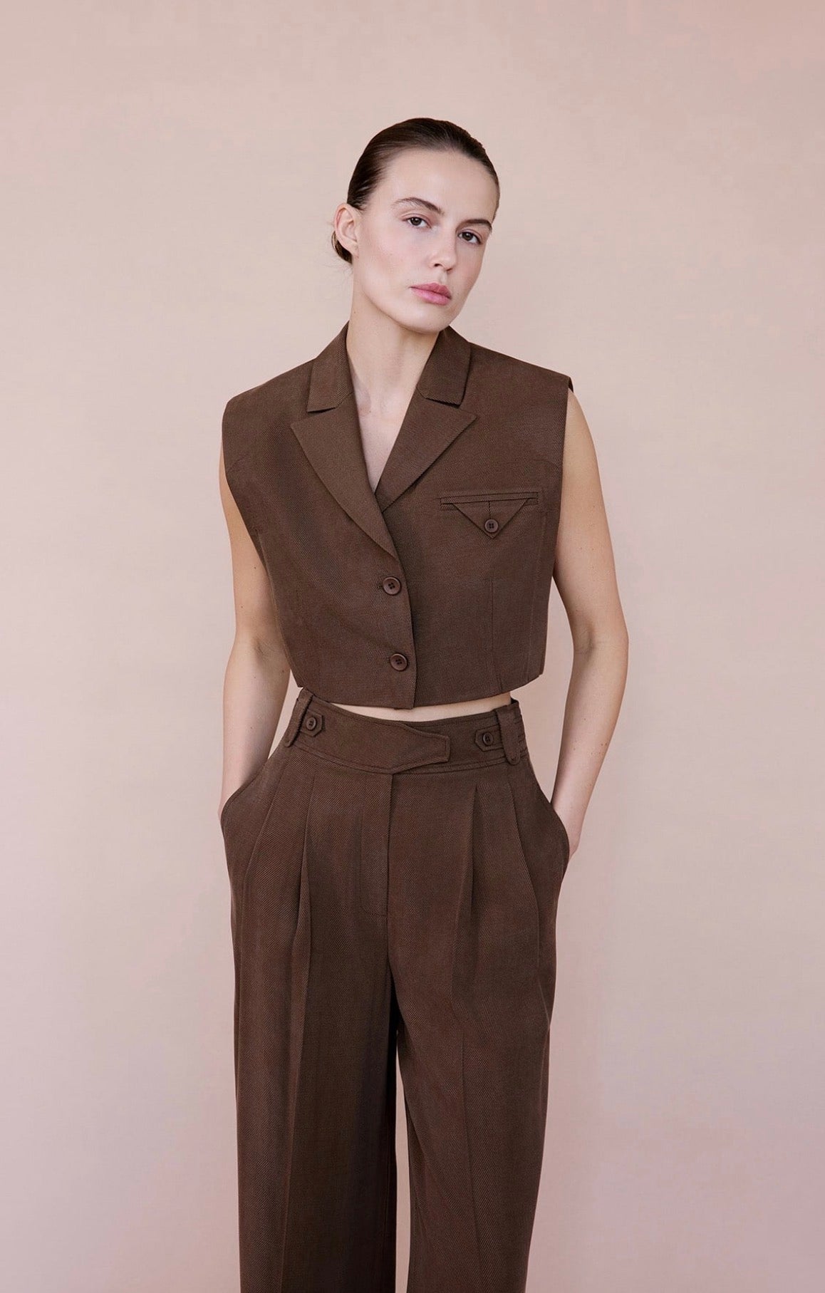 Blazer Collar Padded Crop Brown Vest