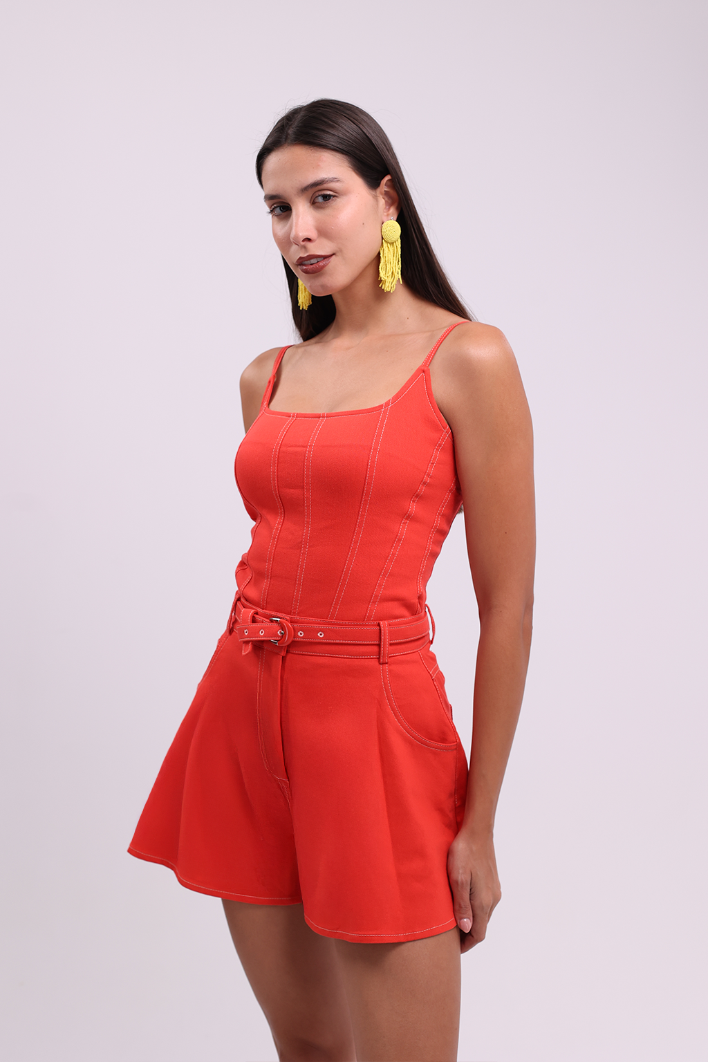 Thin Strap Denim Textured Coral Blouse