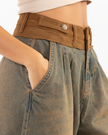 Vintage-Wash Brown Denim Pants with Brown Waistband