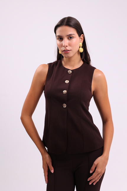 Gold Buttom Vest & Pants in Brown