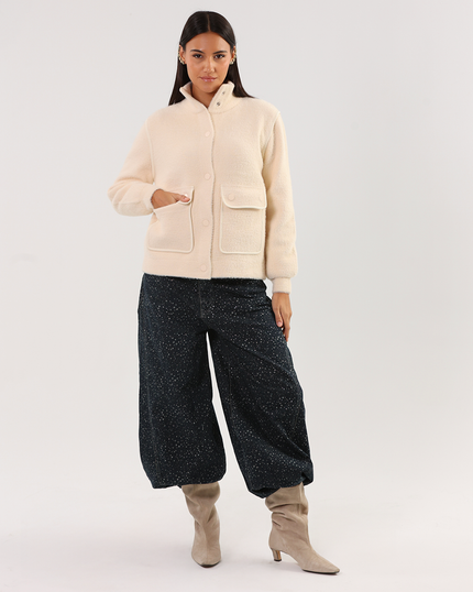 Cream Boucle Jacket with Oversized Flap Pockets