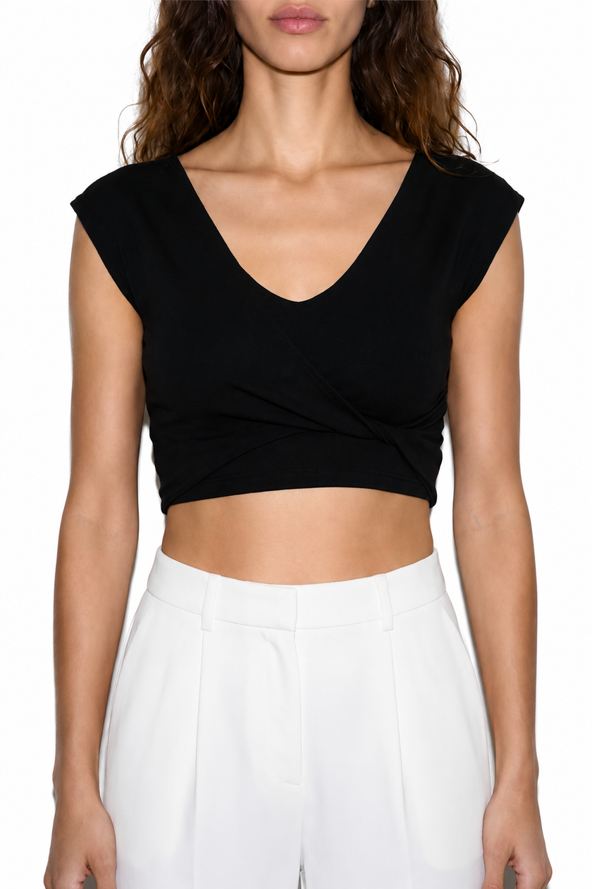 Black Deep V Neck with Front Twist Detail