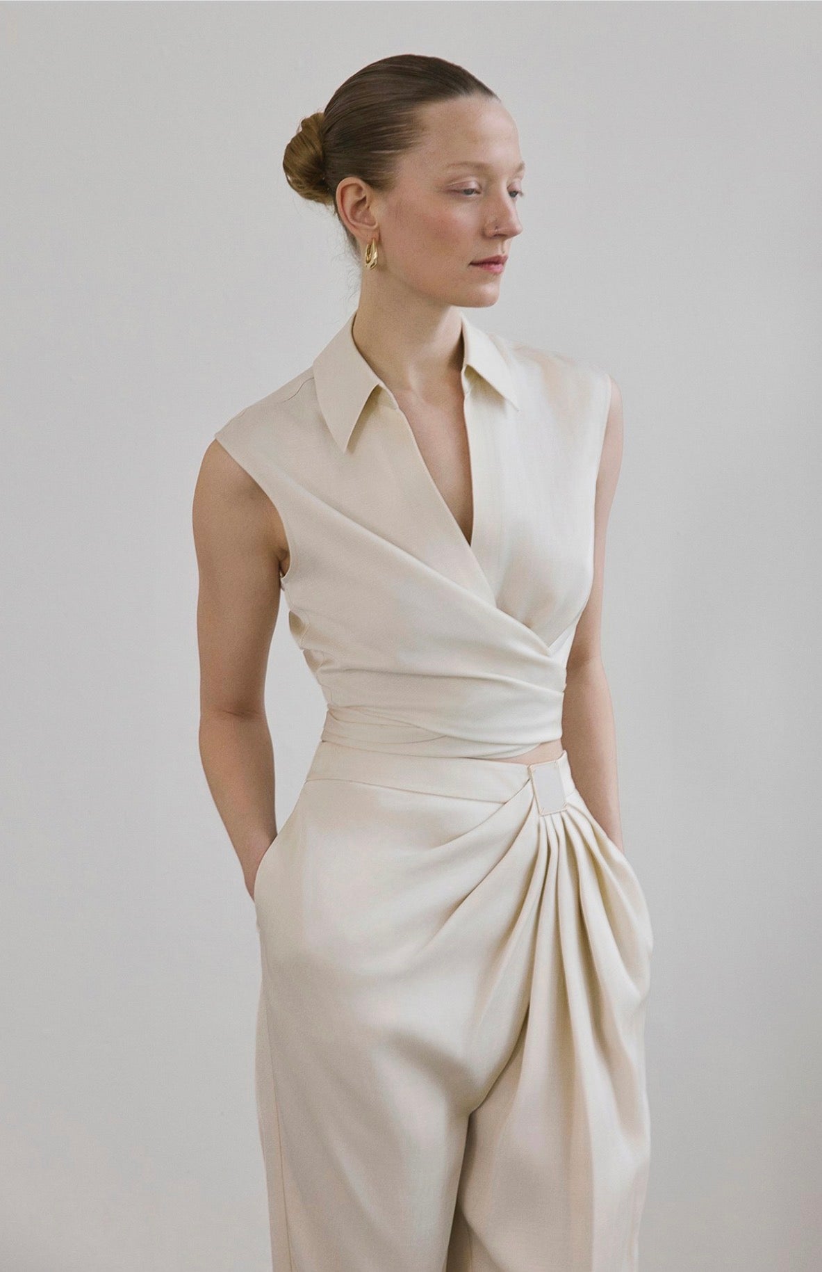 Tie Front Linen Blend Ecru Vest