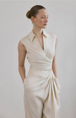 Tie Front Linen Blend Ecru Vest