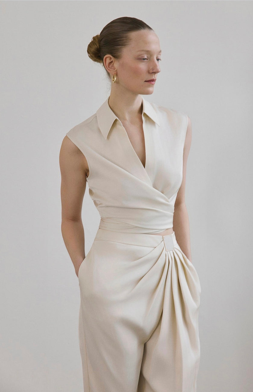 Tie Front Linen Blend Ecru Vest