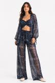 Navy Blue Kimono with White Geomatric Pattern